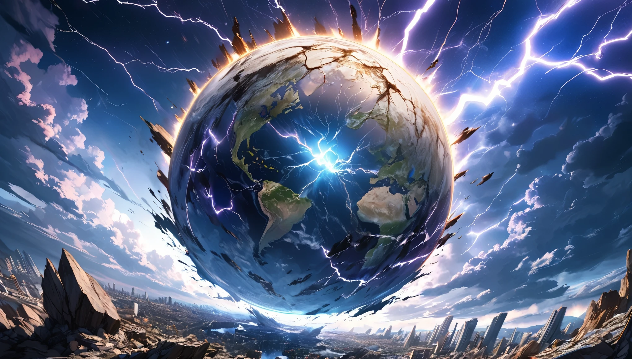 Masterpiece Portrait, Extreme details, Very detailed, 8K octane, HDR, Super detailed, best quality, best quality, Realistic lighting, Ultra Detailed,High Rendering,(lightning),radioelement,光影Special Effects,巨大的lightning,(Anti-gravity floating stone chips,abyss)The earth is shattered,((Special Effects))End of the World,Apocalypse,A starry sky that fades from dark blue to purple,Best shooting angle,