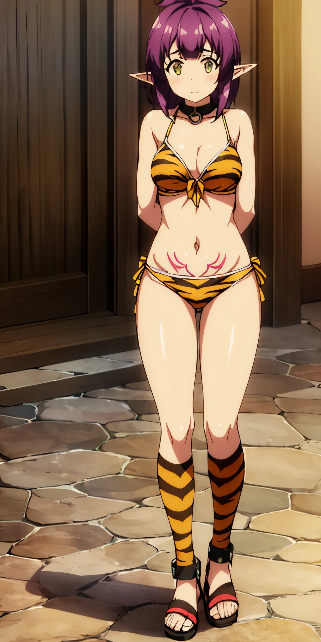 1 girl, bare shoulders, wearing a yellow tiger bikini, metal sandals, strong body, red tattoo under stomach, navel, Frieren, green eye, elf, pointy ears, toe to head