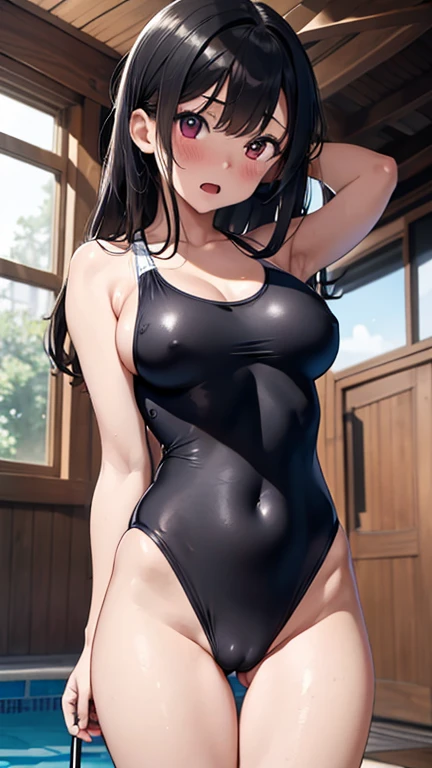 mastute piece,Best Quality,insanely detailed,8k cg,nsfw,
(shoot upper body:1.3),
(1girls:1.3),standing,looking at viewr,body in front,both arms behind back,(school-swimsuit:1.3),(bare breasts:1.2),(bare nipples:1.2),
break,
blush,shy,(ecstasy face),(trembling:1.2),break,(light black hair:1.3),
break,
perfect breasts,perfect teats,(open mouth:0.9),(large breasts:1.2),
(poolside),