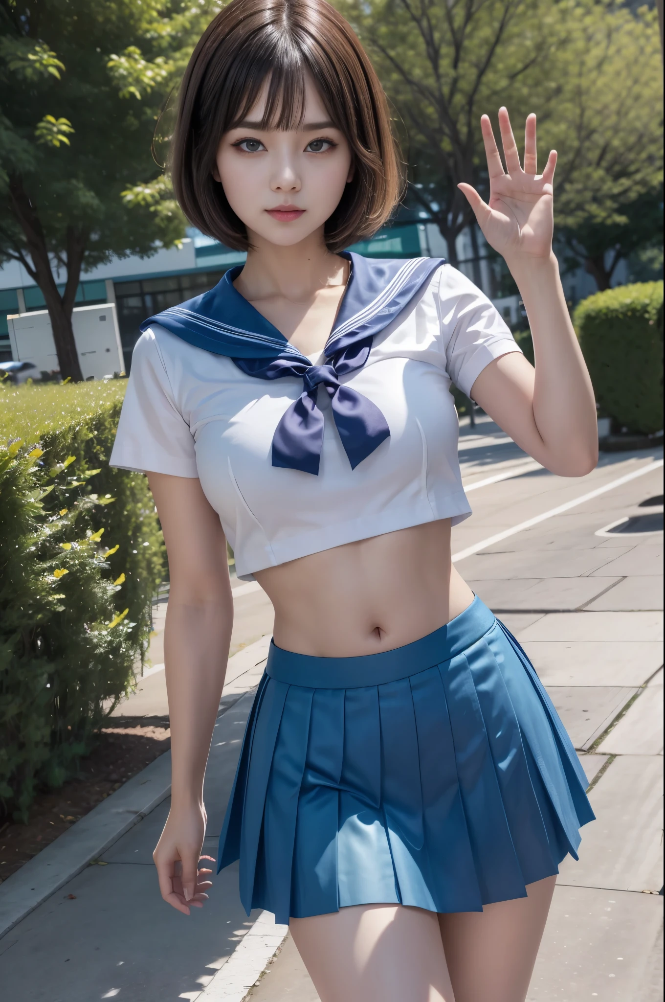 ((RAW photo), absurd, (absurdresolution)), Young woman, 21 years old, the most beautiful, (beautiful look, honey eyes, perfect sharp pupil, realistic), (short Bob haircut), ((blue pleated short skirt, white short shirt, sexy sailor outfit, belly)), handbag purse, (arm raised, V victory sign), (sexy pose, very pretty, leg slightly turned, looking at the camera), wide path, garden, high posts, bright colors, captivating woman, posing, medium sensuality,