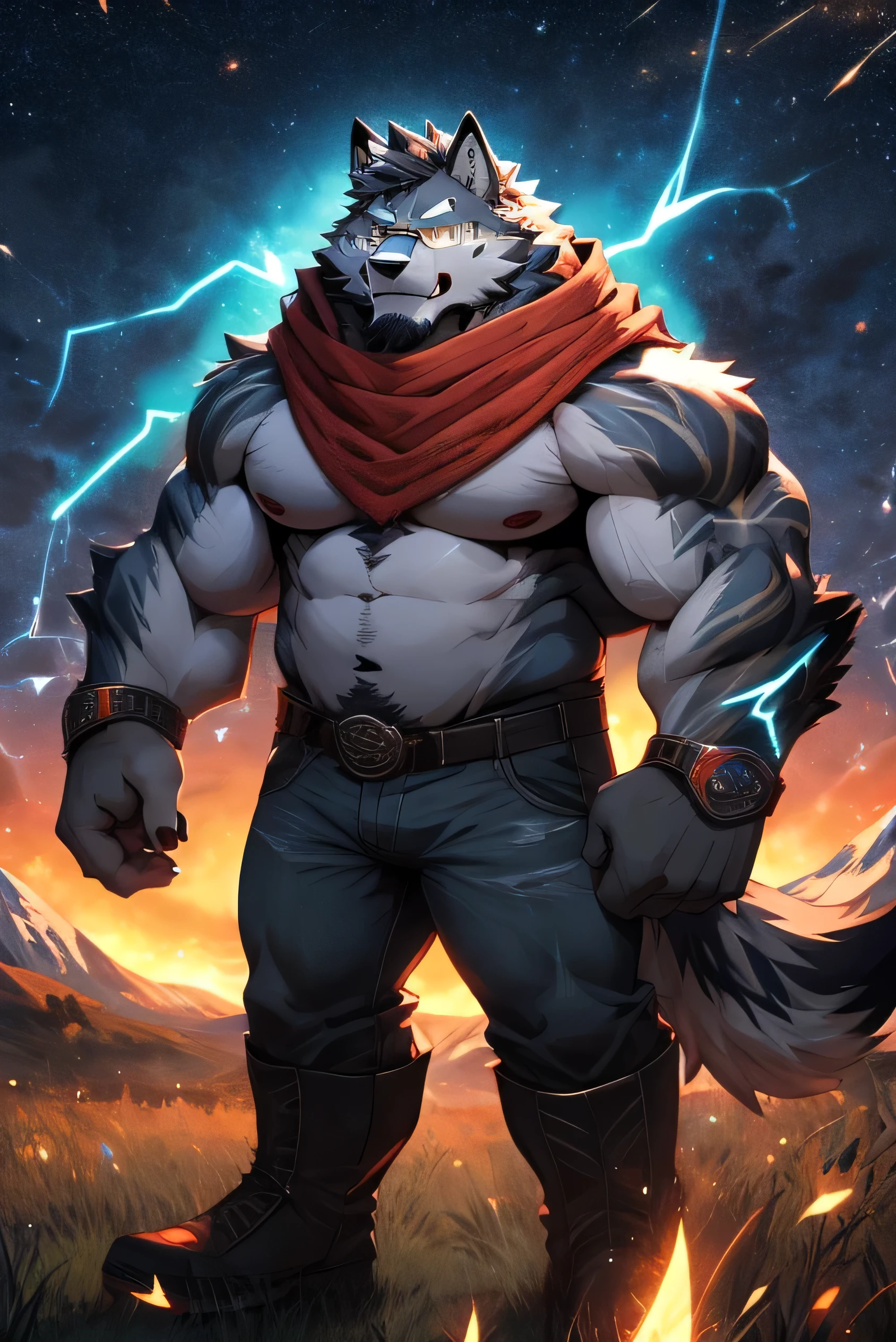 alone, fat muscular man, dad bod, belly, big pecs, ash grey hairy wolf, faded haircut ((black color)), big thick beard ((black color)), whiskers, amber eyes, ((red scarf)), ((glasses)),
electrified stripes on arms, electricity on arms, stripes on arms ((cyan color)), electricity particle around, electric particles, electricity visual effect, white belly, hairy, wolf tail, wolf ear, bracelets, jeans, boots, pecs, fangs, in the field, mountains in the background, at night, starry night, fireflies around,