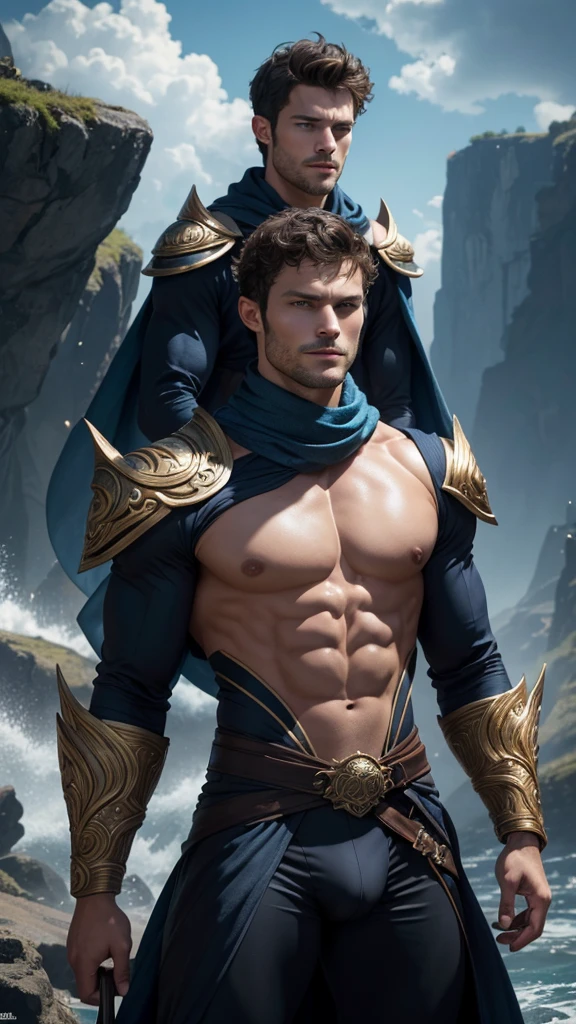 Jamie dornan, top-quality、​masterpiece、超A high resolution、(realisitic:1.4)、Detailed face、solo、１human male、The upper part of the body、Dark hair、glistning skin、dense skin、(asian human)、architectural、(absurderes、hight resolution、ultra-detailliert)、、1 male、Adults、(a 25-year-old man)、a handsome、tall muscular man、broad shoulder、extra very short hair、angular jaws、thick neck、thick eyebrow、extra very short hair、A dark-haired、fine eyes and detailed face、 Highly detailed CG Unity 8K wallpapers、intricate-detail、(Style Swirl Magic:0.7)、looking at the spectator、solo、(full body Esbian:0.6)、Detailed background、A detailed face、dynamicposes、、dynamic compositions、 big muscle、、((((bulge))))、a handsome、 ((masutepiece:1.4, Best Quality)), ((masutepiece, Best Quality)), (photographrealistic:1.4)、(((Sorcerer)))、grin, Surfing,、a smirk、Sunny and cloudy sky、(Complex blue long sleeve enchantment costume), scarf, the costume is too much revealing the tskin and thighs, fantasy Library Background:1.2), Photorealistic、cana、magic circles