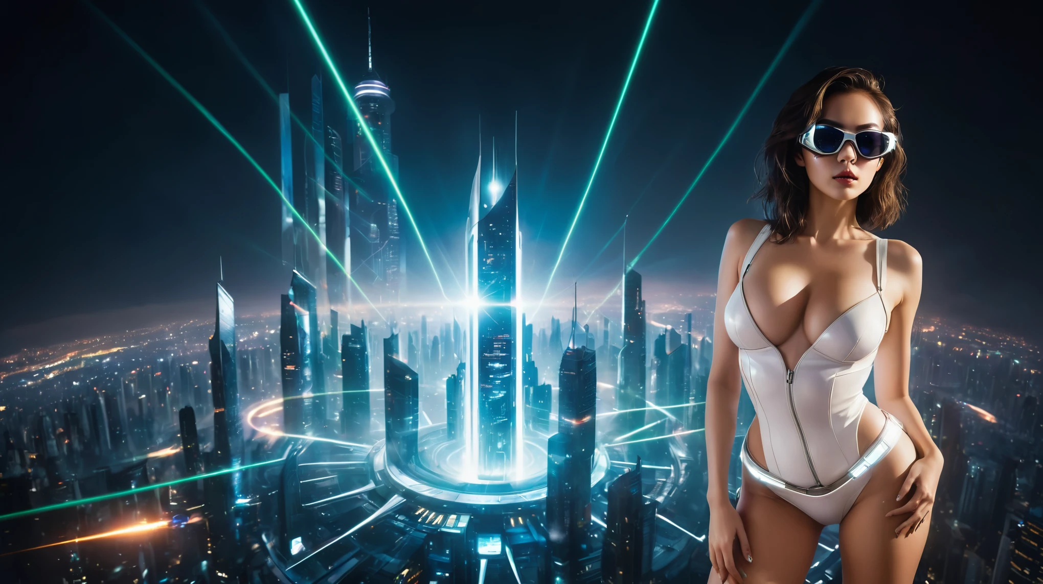 At dark night, aerial view of futuristic sci-fi cyberpunk city, skyscrapers, (flying vehicle), (vortex-spirit-spreading giant hologram (((clock tower))) as time machine), Matrix style, (1girl, solo), large-breast:1.2 slim body, cleavage:1.3, tube top, miniskirt, (mini black sunglasses), ((holding a laser pistol)), dynamic pose, half-body thigh level medium shot, cinematic lighting, lens flare, ray tracing.