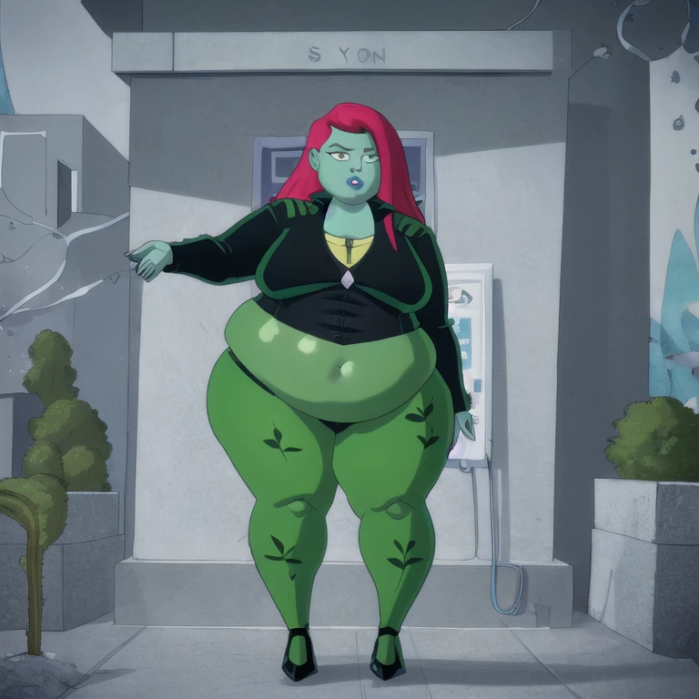 (8k, RAW photo, best quality, masterpiece:1.2), (intricate details), (best quality), (highres), ((perfect eyes)), perfect face, perfect lighting, vivid colors, intense colors, 1 fat girl, cartoon style, poisonivy, solo, full body plus, ssbbw
