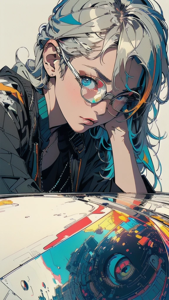 (((masterpiece, highest quality))),(((solo:1.2))),(((1girl:1.2))),32k wallpaper, very detailed, poster, vintage science fiction,(((((geometric cinematic movie poster))))), ((bauhaus)),(shape),(((abstract))),(mid century modern),movie poster,(((((portfolio))))),(((((Close-up))))),(((((bust up))))),((((more various angle)))),((((highlight)))),((((heterochromia)))),(((complete. detailed face))),((((Extremely talented)))),(((((most complecated futristic))))),(Colorful color scheme),(((detailed unlimited complete equipment : fullcover reflection lens goggle))),(((((Absolutely simple background))))),(((texture:grunge))),(((Cheek resting on hand))),((Rest on your chin)))