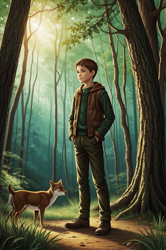 Illustration for a fairy tale about a boy, standing in the woods, who knows how to talk to animals