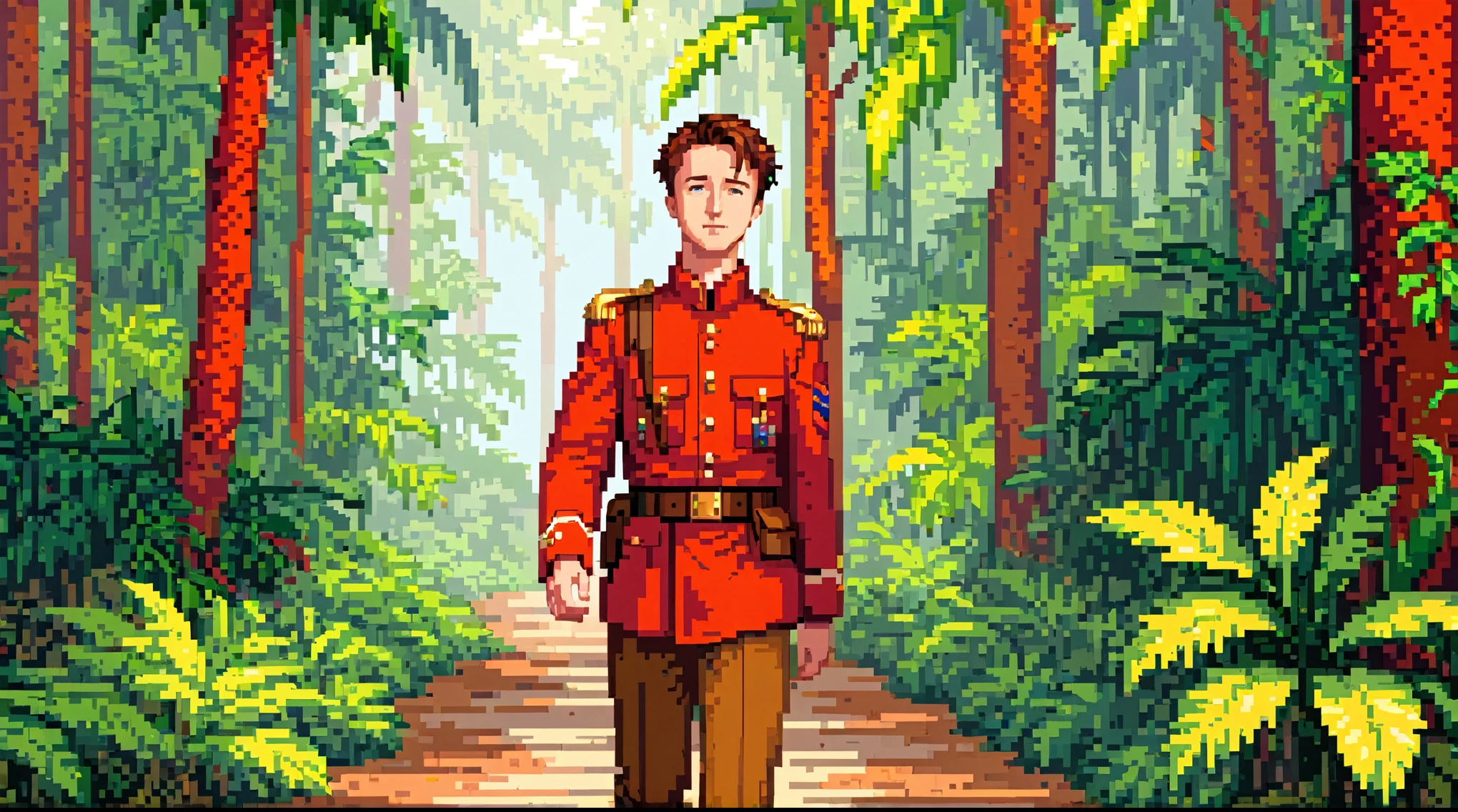 (a 20 years old  soldier man  that looks like young edward norton , wearing a classic red colored european soldier outfit) ,brown belt , brown pants, walking in the jungle,(brown hair) , vibrant warm colors , masterpiece , pixel art , golden shoulder boards,best quality 
