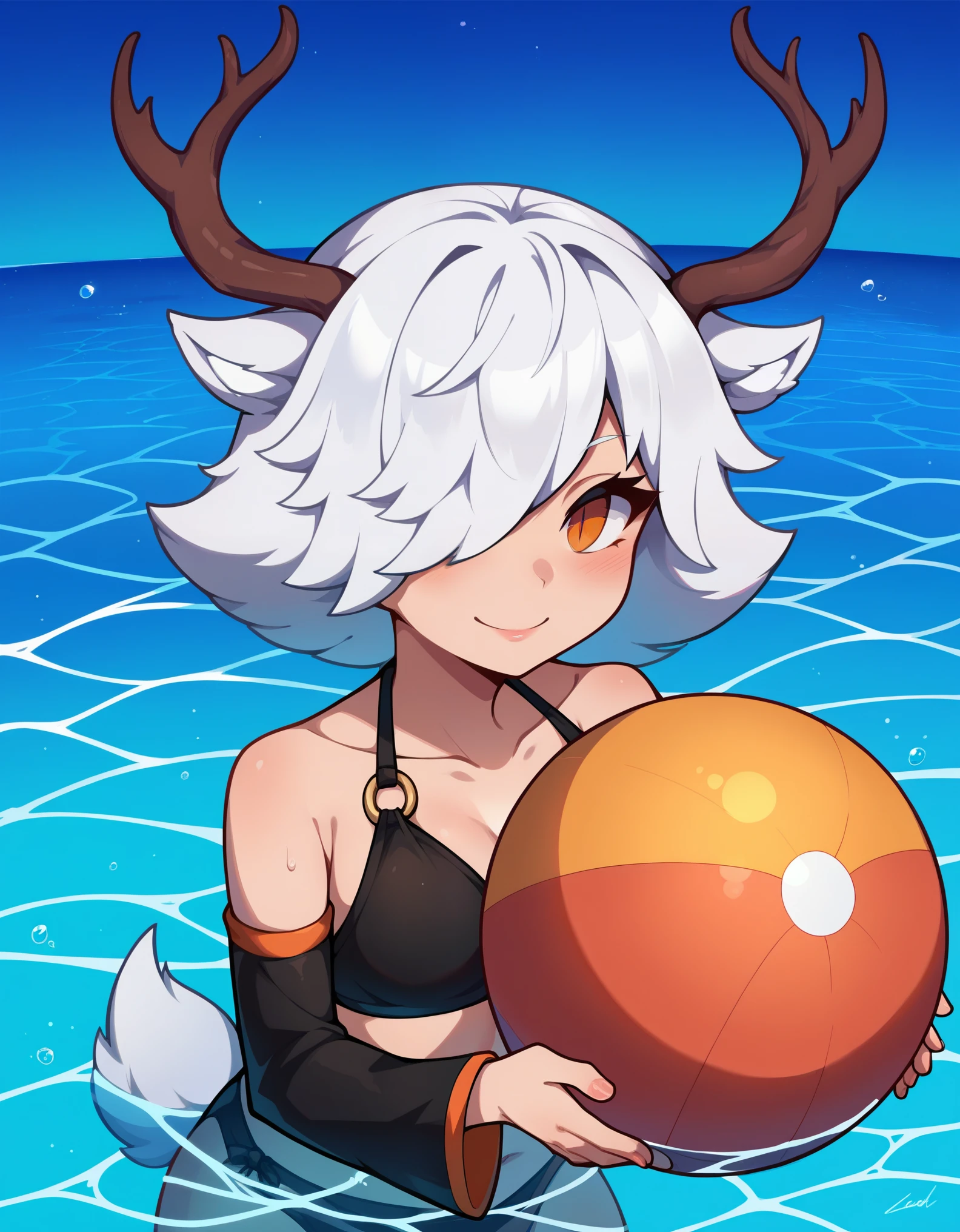 1girl,solo,deer girl,antlers,white hair,animal ears,tail,hair over one eye,orange eyes,slit pupils,black bikini,detached sleeves,
ocean,partially submerged,in water,holding beachball,looking at viewer,smile,blush,, score_9, score_8_up, score_7_up, perfect anatomy, source_anime, zPDXL2,