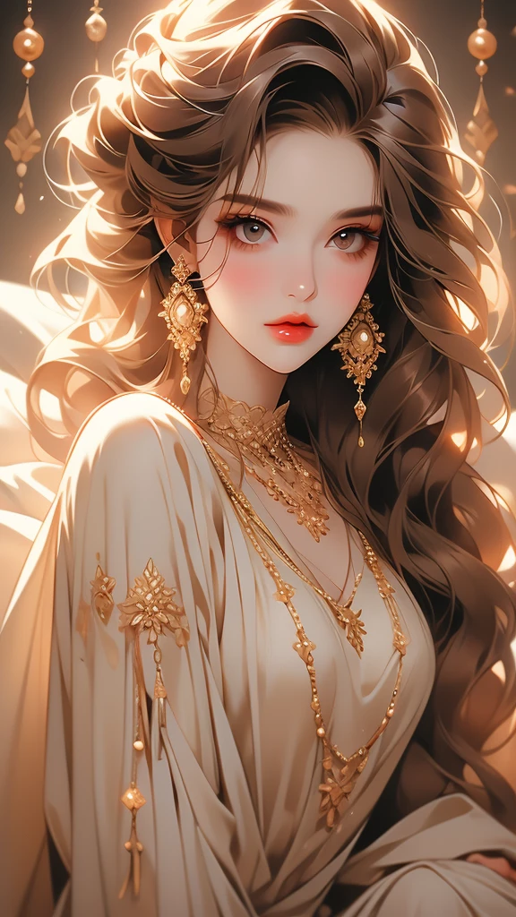 beads and baubles on her eyelids, lipstick on her lips, beige/pale, beige/pale makeup, beige/pale dress, dark, dark eyes, beige, gold, 1girl, 1boy, beard, facial hair, brown hair