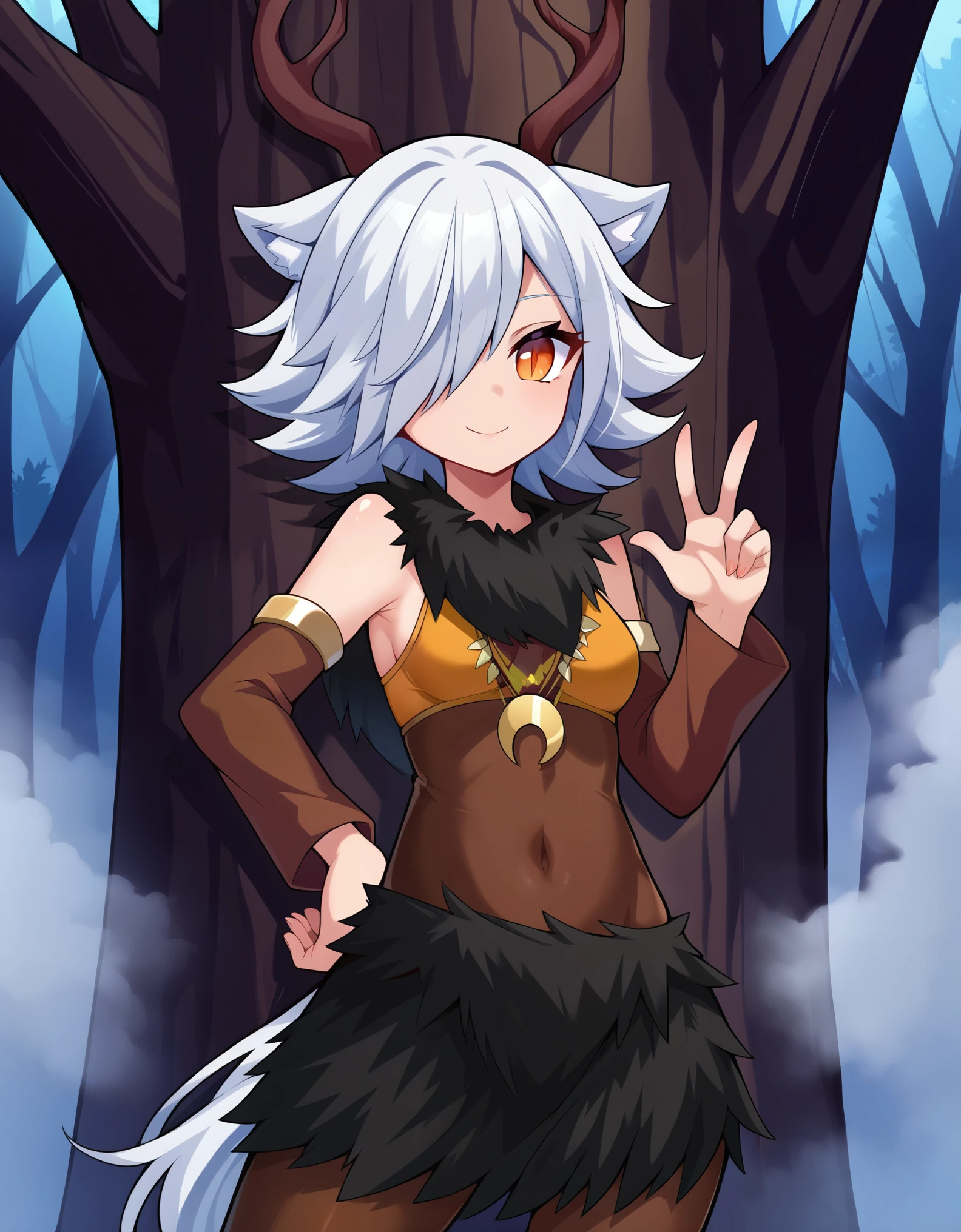 1girl,solo,deer girl,antlers,white hair,animal ears,tail,hair over one eye,orange eyes,slit pupils,crescent moon necklace,fur capelet,brown shirt,yellow bikini top,fur skirt,brown legwear,detached sleeves,
forest,outdoors,bare tree,fog,
looking at viewer,smile,hand up,v,hand on own hip,standing,back against tree,, score_9, score_8_up, score_7_up, perfect anatomy, source_anime, zPDXL2,