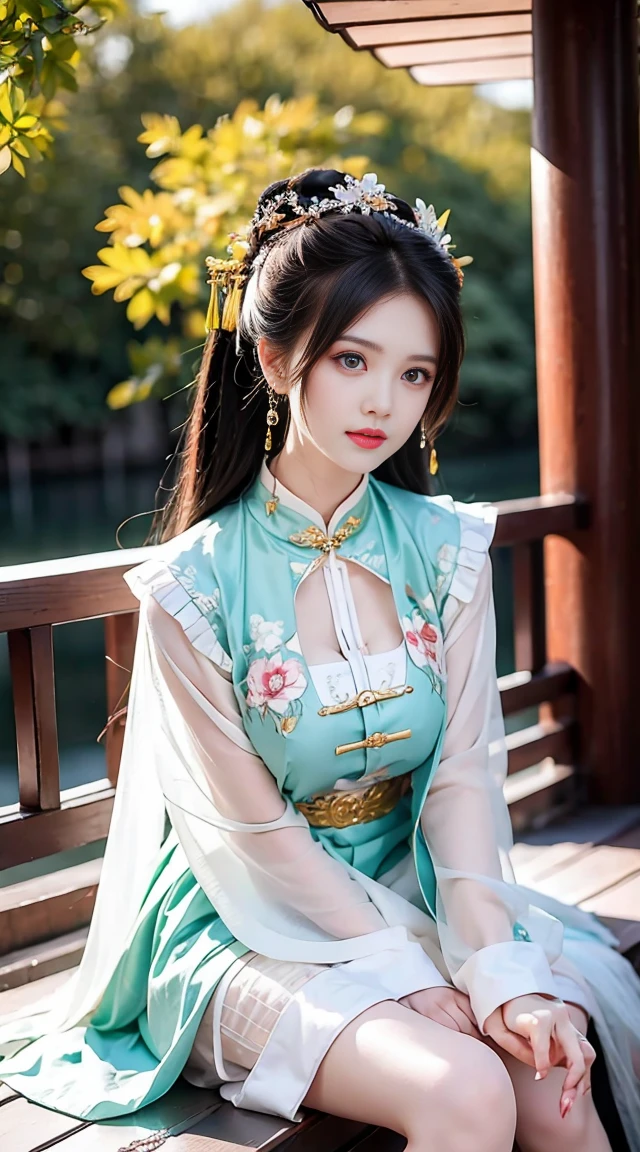 (masterpiece),(need),(Very detailed),best quality，masterpiece，high resolution，Beauty，Blush Blush，Big bright eyes，Wearing only underwear，Luxury headwear，  Dress boldly，necklace，Jewelry，Pretty Face，Huge breasts，sit on the chair，Open your legs，Full body portrait，Chinese ancient building courtyard background，4K，(Beautiful and delicate face),(beautiful eyes)HD，