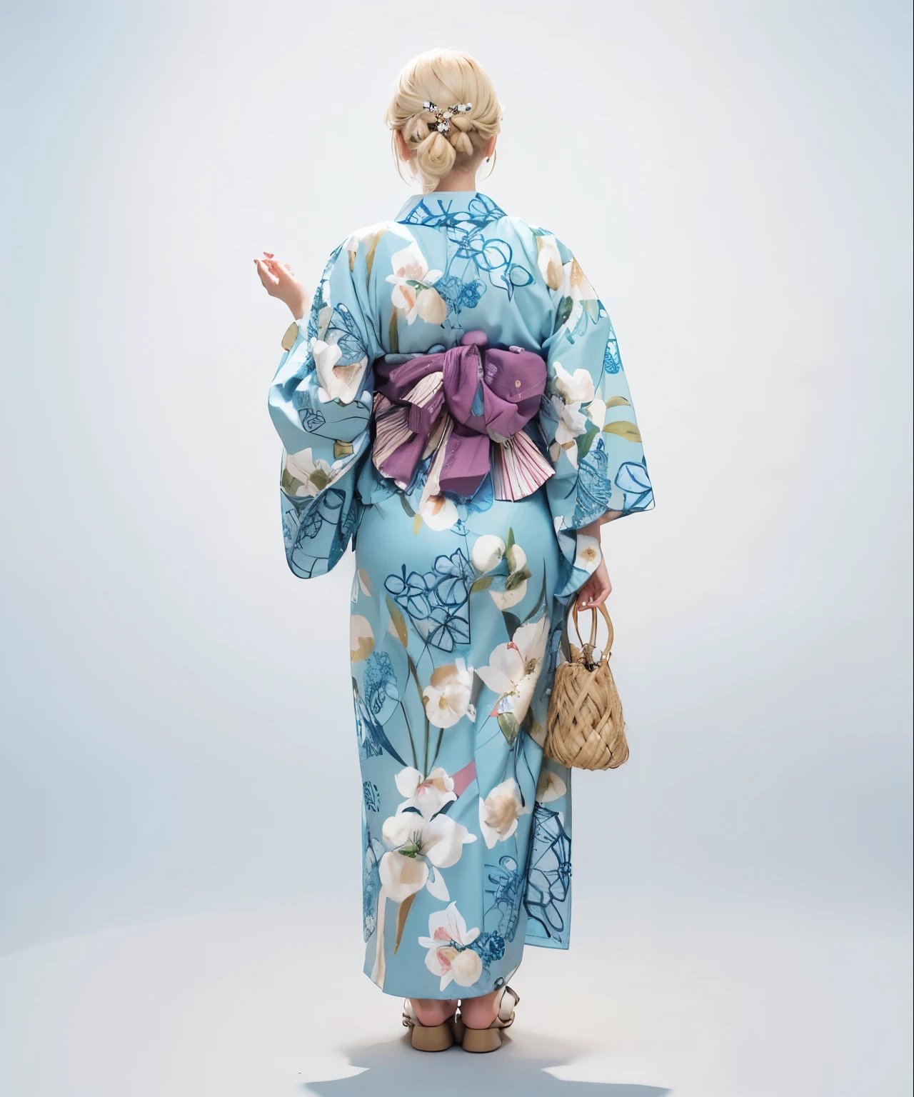 ((Highest quality)), ((masterpiece)), (detailed), (((back of head))),(Blonde),(yukata),girl, Mature Woman, /(Blonde/),yukata,Back view,Beautiful Hairstyles,backstyle,Hair Arrangement,Upstyle,White skin,Japanese women,Light blue kimono,Light blue outfit,Beautiful Obi,Cute hair accessories
