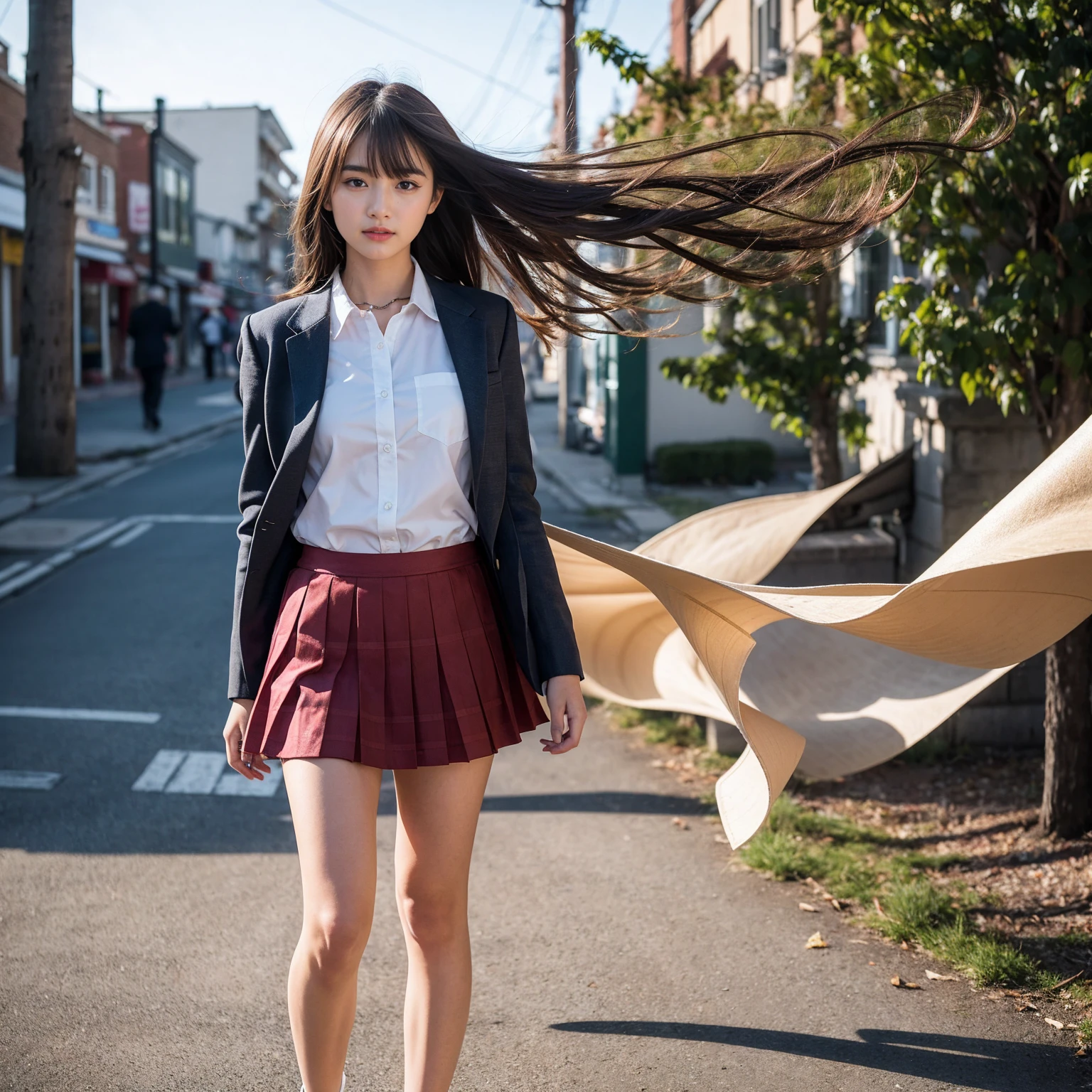 ((Full Body Shot：1.4)),(The skirt is blown up by the strong wind:1.4),Are standing,Highest quality, Soft Light, Ultra-high resolution, (Realistic:1.4), RAW Photos, 1 Japanese girl, (14 years old),alone, cute, (A shy smile:0.5), (Brown eyes, Light in your eyes), Beautiful face in every detail, ,(High resolution detail of human skin texture), Short shiny smooth light brown hair, Asymmetrical bangs , break, In the shopping district,(school uniform),