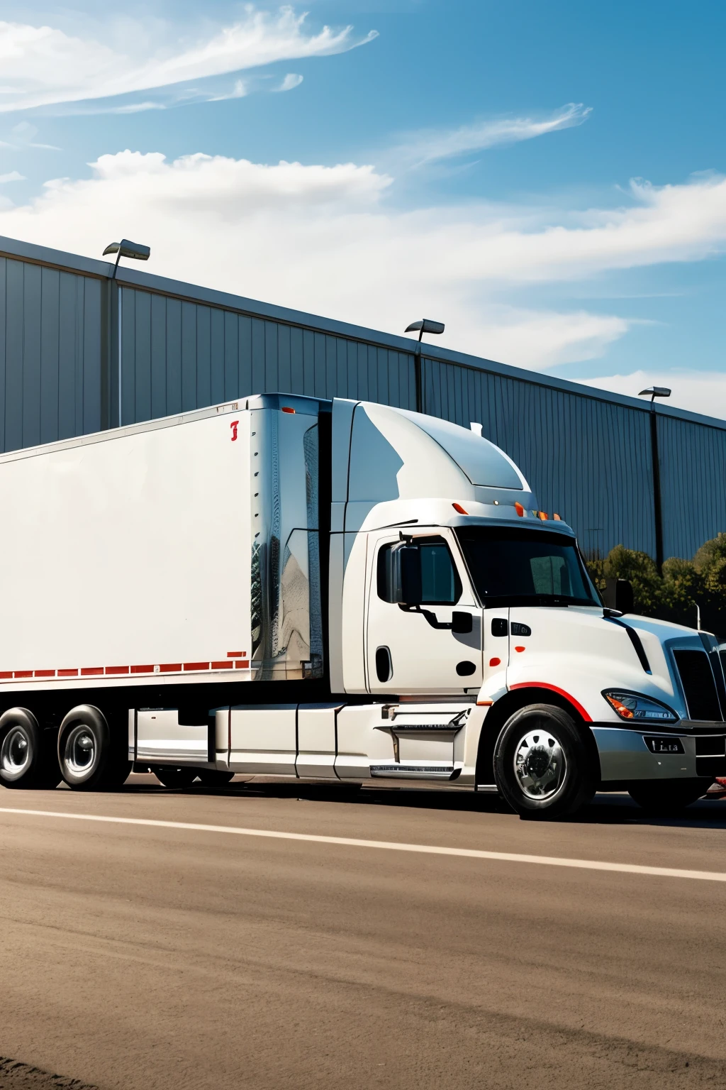 Semi-truck with trailer, trailer is white with a red stripe, Truck is red, It is a sunny day, the semi-truck is backing up to a distribution center.