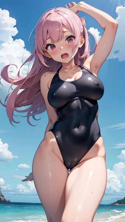 mastute piece,Best Quality,ly detailed,8k cg,nsfw,
ot upper body:1.3),
(1girls:1.3),standing,looking at viewr,body in front,both arms behind back,(school-swimsuit:1.3),(bare breasts:1.2),(bare nipples:1.2),
break,
blush,shy,(ecstasy face),(trembling:1.2),break,(light pink hair:1.3),
break,
perfect breasts,perfect teats,(open mouth:0.9),(large breasts:1.2),
(beach),