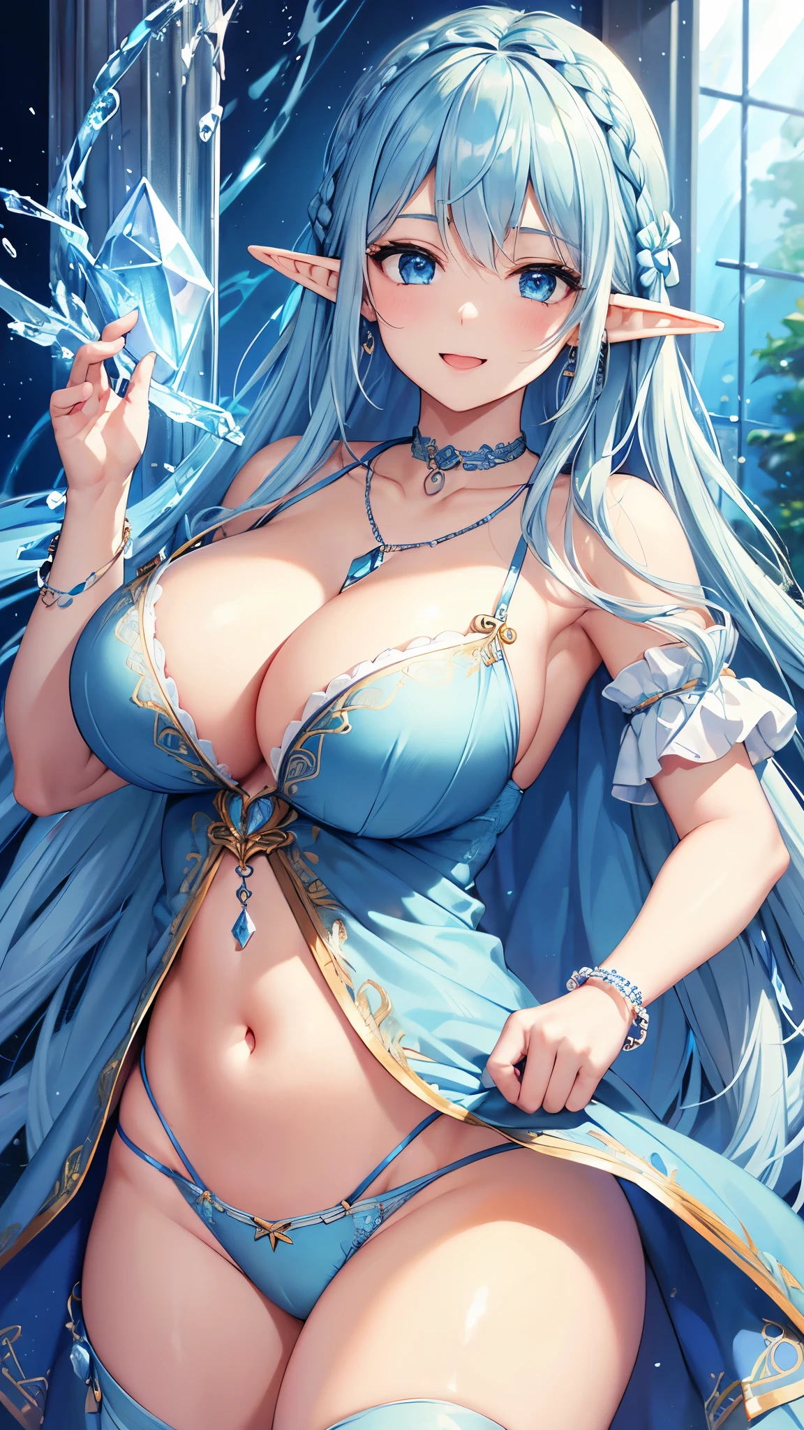 Highest quality、Highest quality、masterpiece、(8k resolution),beauty(Age 25)、(Mature Appearance)、Light blue long hair(Braiding of sides)、blue eyes、(Light blue underwear with detailed embroidery)、(Elf)、Big cleavage、((Very large breasts))、smile、blue necklace、Blue Earrings、background(ice)、Please open your mouth wide、bracelet、Dynamic pose、Blue choker、