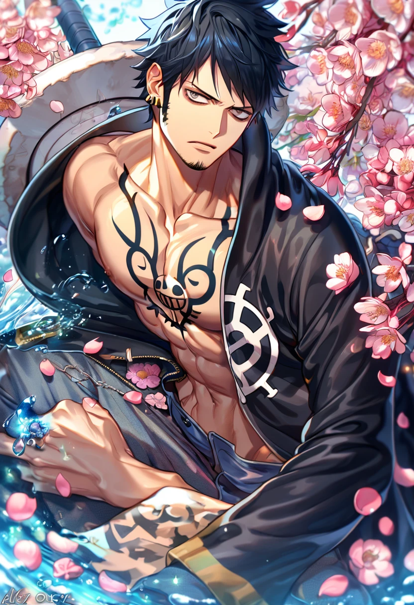 absurdres, highres, ultra detailed, HDR, master piece, Trafalgar Law, black hair, expressive gray eyes, stubble, black coat, toned chest, One Piece, sexy man, handsome, solo, best quality, blossoms, pink petals, pink flowers, fantasy, magical, blue shining fireflies, water, sensual,