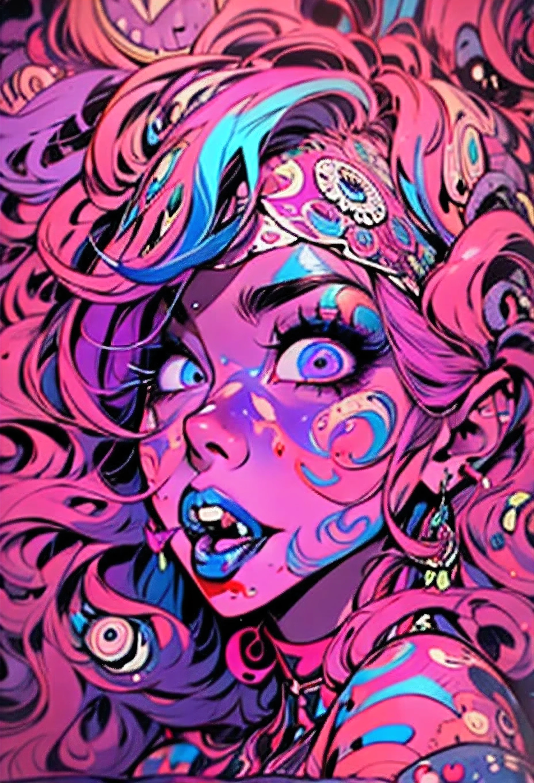 (Seductive psychedelic horror:1.5), Trippy Hentai, body horror, (having sex:1.2), (2girls), (huge flopping breasts:1.2), (visible nipples:1.3), surreal Sex, LSD trip, (Smiling, Eyes Rolling:1.2), sensual, psychedelic vaginal sex, provocative, colorful, glowing, perfect vagina, (vaginal penetration:1.2), (getting fucked roughly:1.2), orgasm face