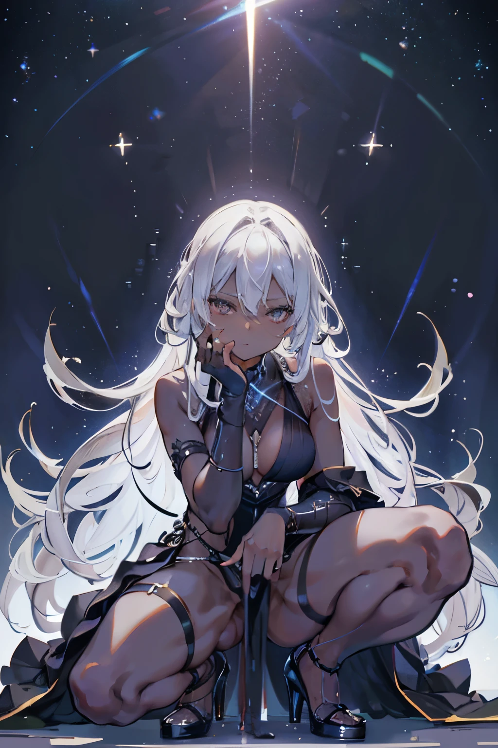 Flat lighting,elevation,sexy,A beautiful woman with supple curves,((Highest quality)), ((masterpiece)), (detailed), One girl,Silver Hair,Long Hair，Dark Skin,Wearing a black sleeveless dress，Wear black high heels，Front squatting pose,Starry Sky.View from the front