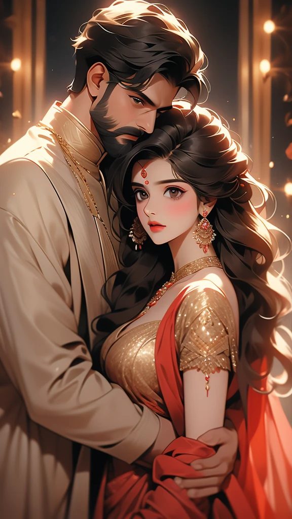 bollywood actress rasika duggal wearing a long heavy gold top looking at another woman in a black outfit with a silver jacket, wearing a red dress, 1girl, 1boy, beard, facial hair, brown hair
