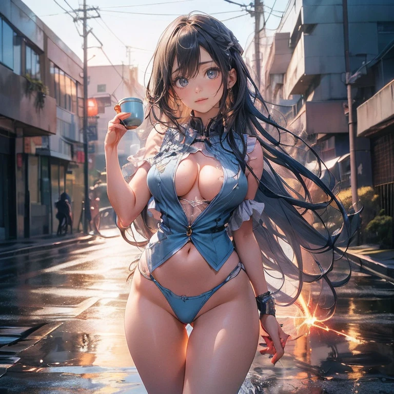 Anime Kawaii sexy Perfect Slim sensual body large breast and huge thighs, An intricate and highly detailed illustration of anime (Young girl). 最high qualiy、best quality image、work of art、adolescent((20 years old、 Becoming、vest bust、medium bust,wide open chest tea、glare eyes, hair light blue、long hair、fine tune,higher valley、hypdertailed、Monster arm、monster leg arm、struggling pose)),high qualiy、linda arte、fund((spark、em chamas、red lighting))、voo、debris flies、Written limit depth、film、visual artwork、Perfect artwork、8k,genuine、