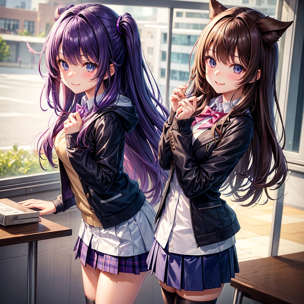 middle School girls,smile,Best Quality,cute制服,blazer,cardigan,8k,Highest quality,Long Hair,cute,fluffy,Latest uniform coordination,hoodie,Angel,Long Hair,leather jacket,blue eyes,School,classroom,perfection,masterpiece,Have sparkling eyes,tights,Horny girl,Naughty Girls,美しいcute女の子,Horny girl,Brown Hair,Beautiful girl,Purple hair color,Absurd,Latest Fashion, girl,