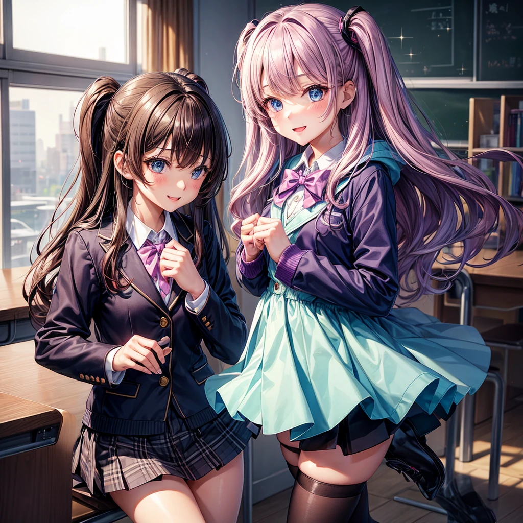 middle School girls，smile，Best Quality，cute制服，blazer，cardigan，8k，Highest quality，Long Hair，cute，fluffy，Latest uniform coordination，hoodie，Angel，Long Hair，leather jacket，blue eyes，School，classroom，perfection，masterpiece，Have sparkling eyes，tights，Horny girl，Naughty Girls，美しいcute女の子，Horny girl，Brown Hair，Beautiful girl，Purple hair color，Absurd，Latest Fashion， girl，