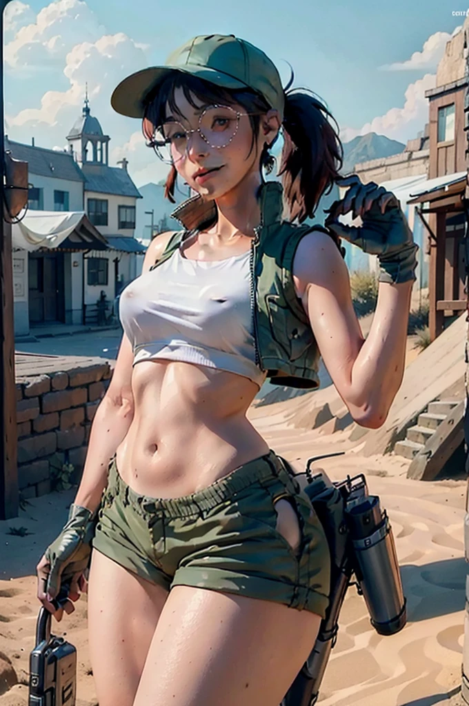 (FioGermiWaifu:1), 1girl, curvy, (shorts, crop top, gloves, round eyewear, vest, baseball cap), looking at viewer, cute pose, smile, desert background, :D, (masterpiece:1.2), (best quality, highest quality), (ultra detailed), (8k, 4k, intricate),(full-body-shot:1),(Cowboy-shot:1.2), (50mm), (highly detailed:1.2),(detailed face:1.2), detailed_eyes,(gradients),(ambient light:1.3),(cinematic composition:1.3),(HDR:1),Accent Lighting,extremely detailed CG unity 8k wallpaper,original, highres,(perfect_anatomy:1.2), solo, wide shot, nsfw, (detailed ladscape, city, street:1.2),(detailed background),(dynamic_angle:1.2), (dynamic_pose:1.2), (rule of third_composition:1.3), (dynamic_perspective:1.2), (dynamic_Line_of_action:1.2),