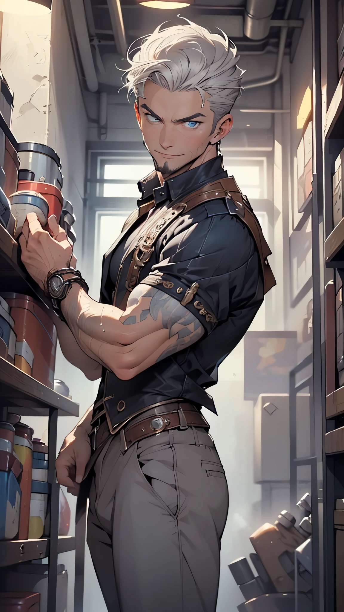 (man:1.5),1 man,steampunk adventure man,(((1man))),
(((1male,man:1.5,handsome man,male,male gender:1.5,male focus))),macho man,old man,big muscle, pectoral, muscular, Mature man,45 year old man,adult,1 man, old macho man
((short gray hair,slicked hair,gray hair)),(((lustrous skin:1.5,tanned skin,bright skin: 1.5,skin tanned,shiny skin,very shiny skin,shiny body,illuminated skin))),(((blue_eyes:1.2))),intricate eyes,beautiful detailed eyes,symmetrical eyes,man chest,handsome face,(((white very short beard, silver very short beard))),((muscular,hairy body,muscular man)),(((detailed face))),
alluring look,nsfw,Viking, barbarian,
steampunk suit pants,((bulge in pants)),((steampunk suit outfit, blue steampunk suit,short sleeve steampunk)),(wearing a steampunk suit outfit:1.3,steampunk suit clothes),((wet clothes,intricate outfit,intricate clothes)),
(dynamic pose:1.0),solo focus,((evil smile,evil look)),(centered,scale to fit dimensions,Rule of thirds),
inside,indoor,((cozy steampunk room)),scenery:1.25,((intricate scenery)),((steampunk decorations)),
(Glossy steampunk ornaments),highres,sharp focus,(ultra detailed,extremely detailed),(photorealistic artwork:1.37),(extremely detailed CG unity 8k wallpaper),(((vibrant colors,vibrant theme))),(intricate),(masterpiece),(best quality),artistic photography,(photography taken by sldr),(intricate background),perfect rendered face,perfect face details,realistic face,photo realistic,((intricate detail)),(((realism))),