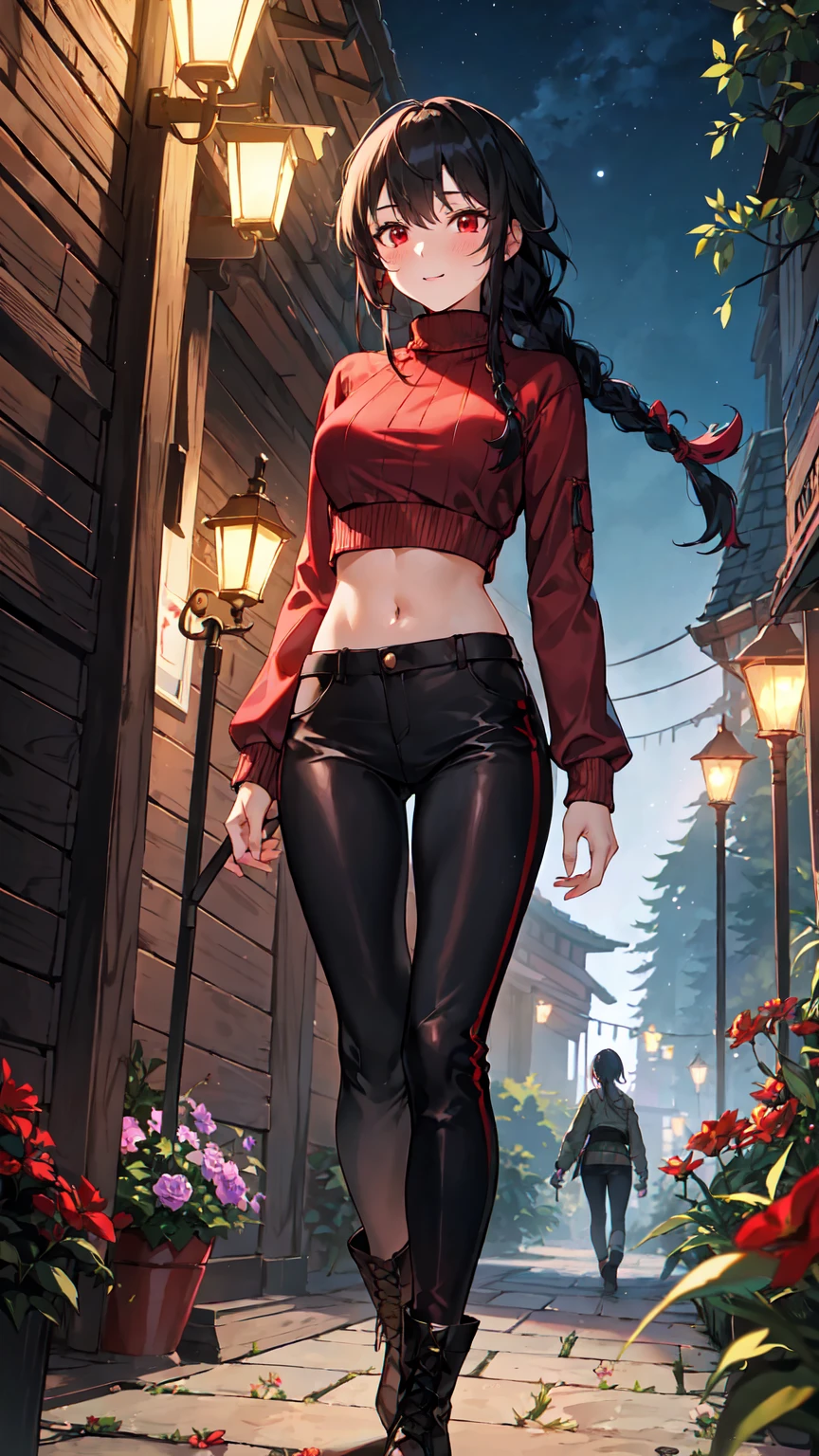 1 Female, sexy, , Detailed red eyes, Wild long hair, Braided hair, Black Hair, Adventurer Gear, Crop Top Sweater, Loose-fitting combat pants, at night, Dark Forest, Excited expression, Flowers, blush, standing on the path, Lantern