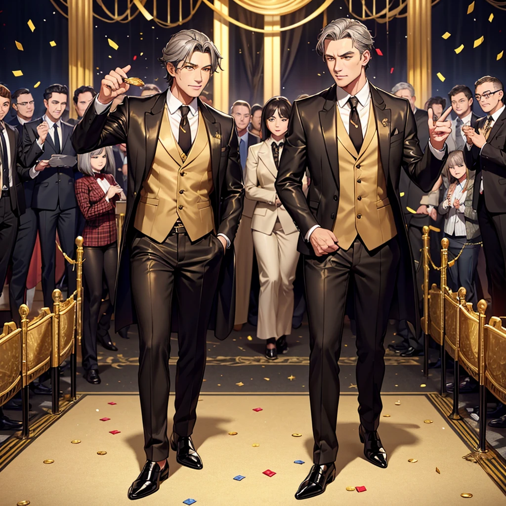 Checked brown suit、Gold vest、Brown cane、Black shiny leather shoes、Gray Hair、Yellow Eyes、bank、money、Gold coins、limousine、Red carpet、Confetti