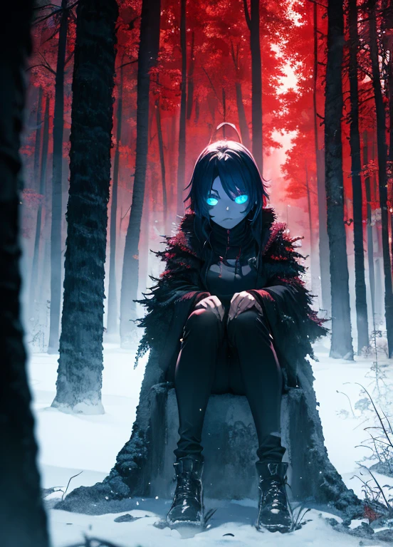 1 only, woman,Capture,, Muscular body,, Glowing blue eyes, Sitting with the tree,,Dark soul,,Cemetery,,Dark black pants, Dark black rose, scary , Fantasy forest,Red Moonlight, Scary cinematic shot,((Tafah, Best quality, )),