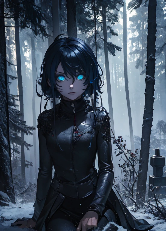 1 only, woman,Capture,, Muscular body,, Glowing blue eyes, Sitting with the tree,,Dark soul,,Cemetery,,Dark black pants, Dark black rose, scary , Fantasy forest,Red Moonlight, Scary cinematic shot,((Tafah, Best quality, )),