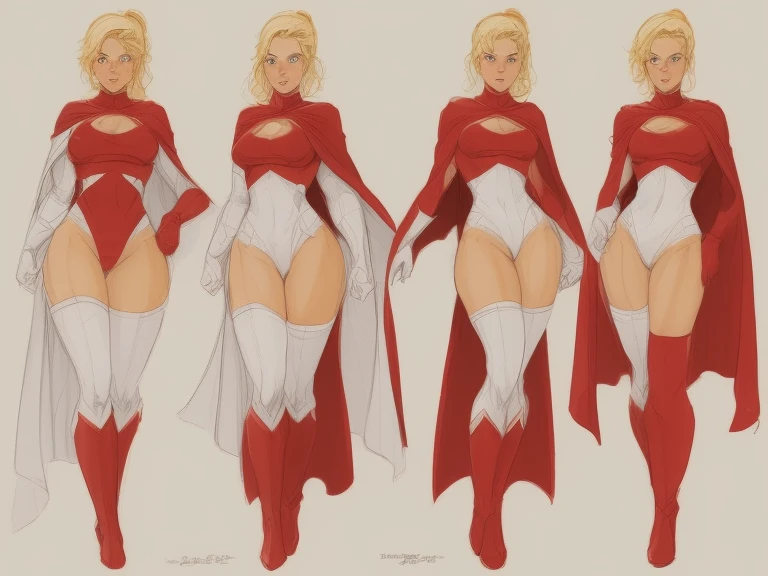 A muscular superheroine with a detailed face, beautiful blonde ponytail, white bodysuit, red cape, and red boots. Glowing skin, golden emblem on chest, rough sketches and marks. Whole body view illustration in the style of John Buscema, best quality, character design sheet, simple white background.