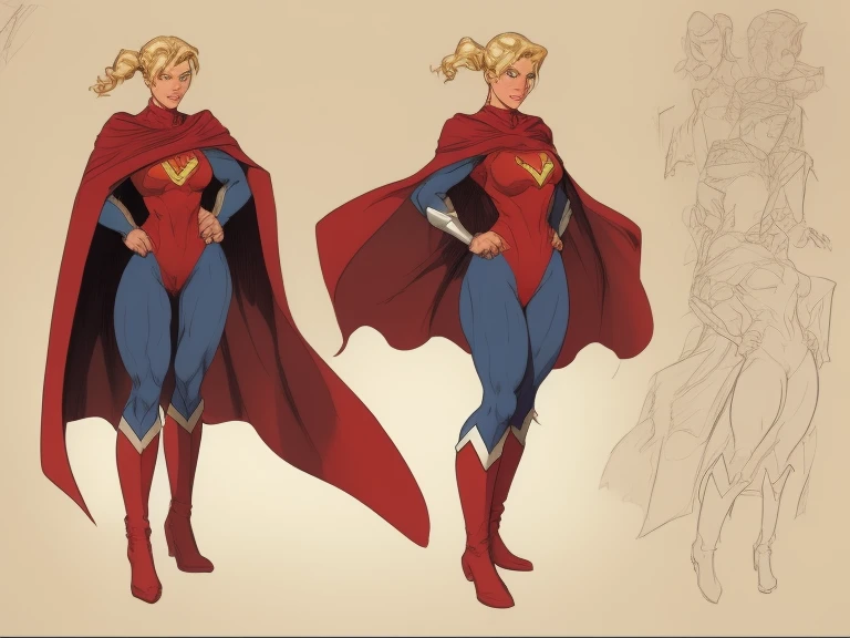 A muscular superheroine with beautiful detailed face, long blonde ponytail, white bodysuit, red cape, red boots, glowing skin, golden emblem on chest, rough sketches and marks, whole body view illustration, John Buscema art style, best quality, character design sheet, simple white background