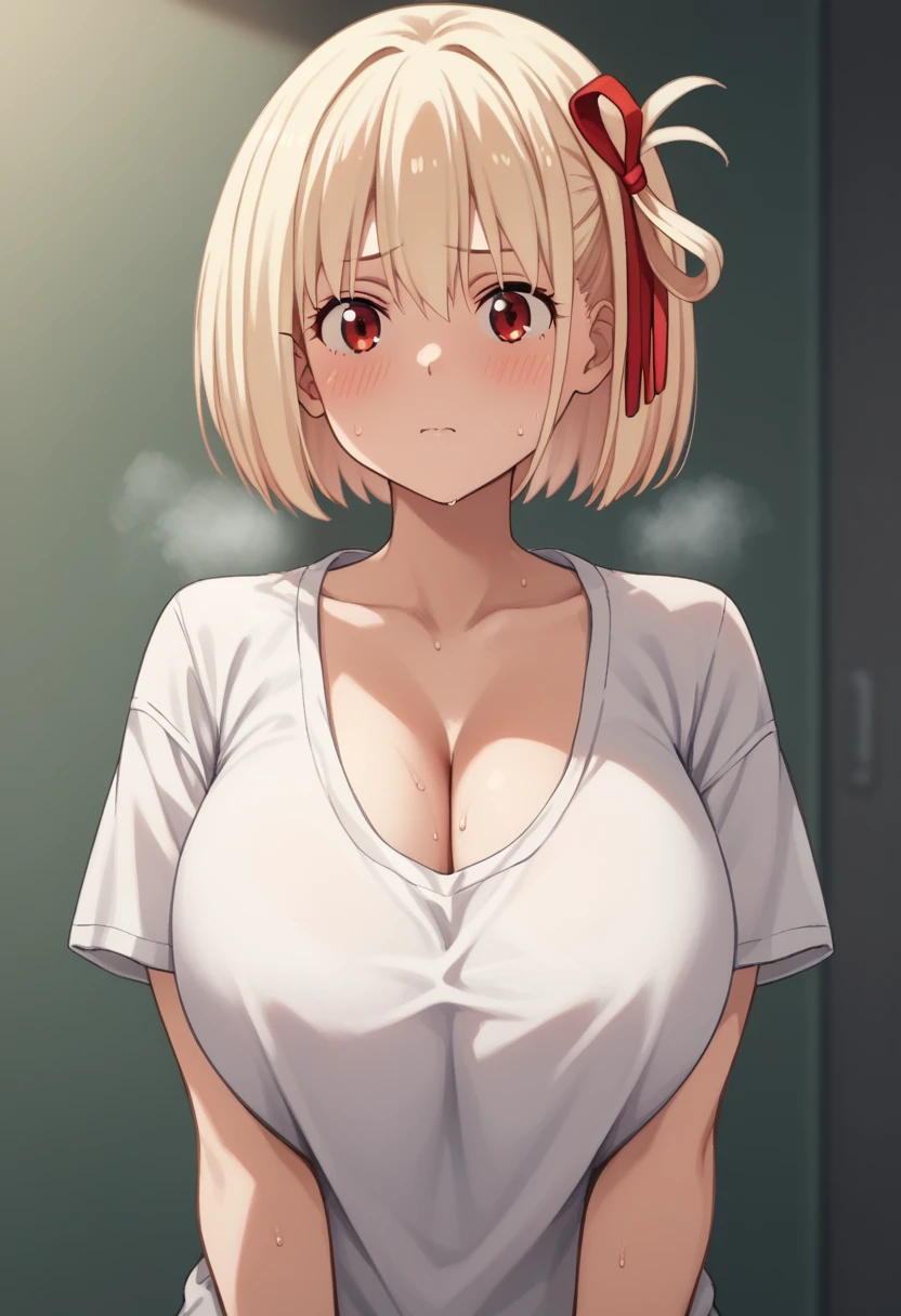 Huge breasts、blush、Sweat、In the heat、alone, One girl, Nishikigi chisato, chisato nishikigi, short hair, bangs, blonde hair, red eyes, hair ribbon, one side up, bob cut
{Highest quality}, {so beautiful}, {Very detailed}, {Best illustrations},Life、slim:1.5、Upper Body、T-Shirts、Cleavage、Are standing