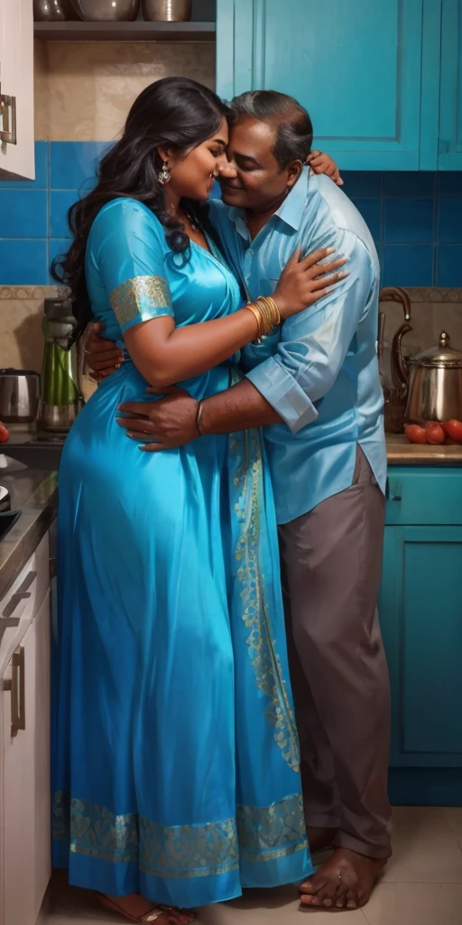 A radiant, full-figured South Indian 25 year old girl wearing a blue colour silky nighty tenderly hugging and kissing a jubilant 55-year-old man in living room, captured in a full-body image with vibrant hues and meticulous details. Full body image