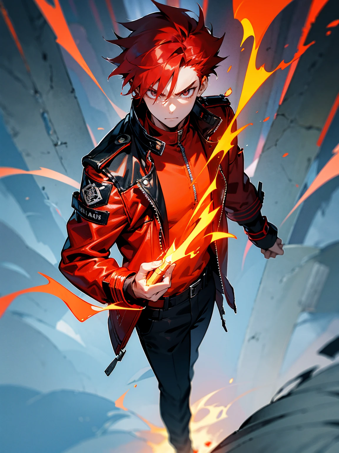 Teenage male, red hair, flame aura, black leather jacket, determined look, standing on path
