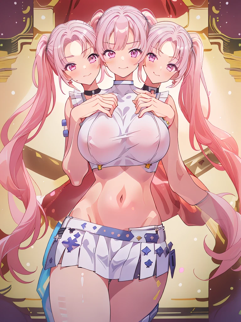 (masterpiece, best quality), best resolution, (3heads:1.5), 1girl, pink hair, twintails, long pigtails, smug, open belly, white crop top, white miniskirt, open breasts, huge tits,