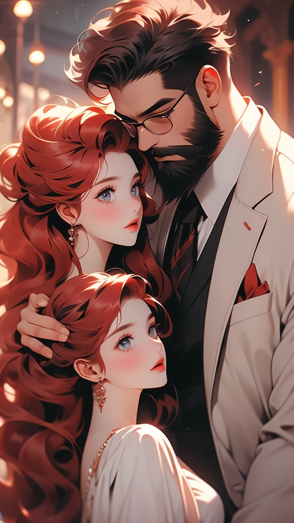 a couple that is dressed up and that is looking at each other, 1girl, 1boy, beard, facial hair, red hair