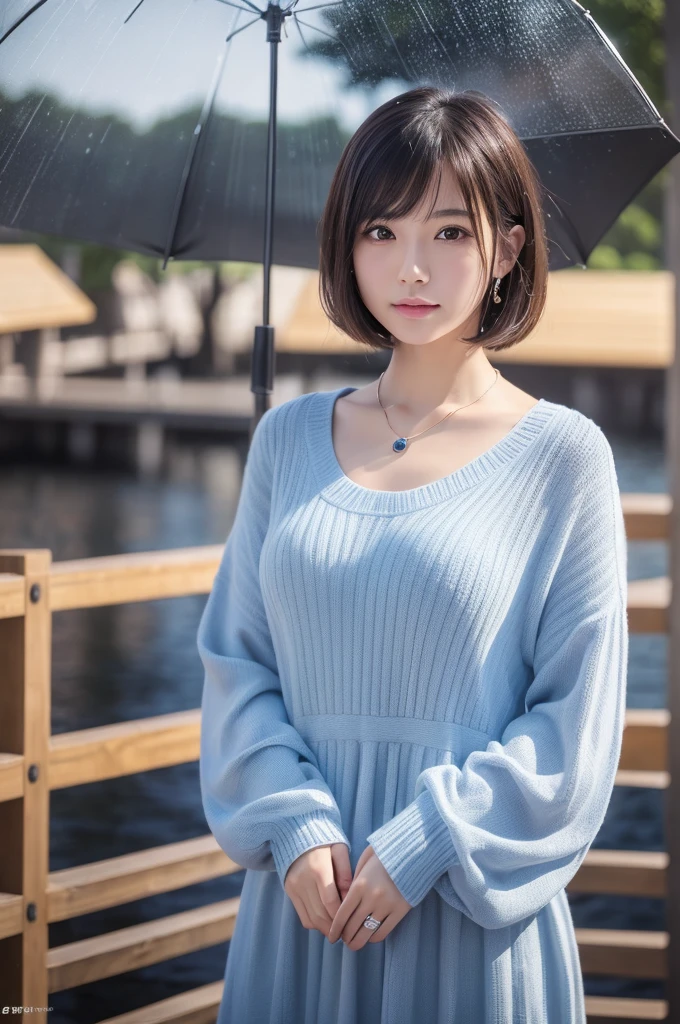 Highest quality、8k、32K、masterpiece、nffsw:1.2)、cute日本人女性の写真、Long sleeve dress、Short very bob hair、Upper Body、Surface Focus、Extra large size_sweater、necklace、Rainy park、umbrella、Water Drop、Looking at the audience、Mix 4、(8k、Raw photo、Highest qualityの、Peace Master:1.2)、(Realistic Real Photo:1.37)、1 Girl、cute、Professional Lighting、Photon Mapping、Physically Based Rendering、Shortcuts、Shortcuts、HandsomeHigh Resolution、1080P、