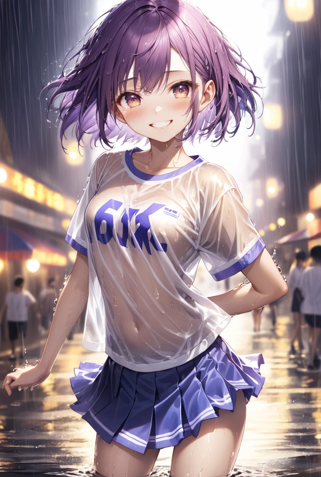 (Highest quality, 8k, 32K, masterpiece, Ultra-high resolution,:1.2),to be born, One Girl,So cute , Fantasy background like a night road, clear, Shining Eyes, Age 20 ,Fair skin, Purple-haired girl, A beautiful girl like a fox, Cheerleader, Slanted Eyes, An innocent smile, Grin, mini skirt, Short Hair, Brown Skin, Sunburned, T-Shirts, Soaking wet, rain, 豪rain, See-through shirt, Wet