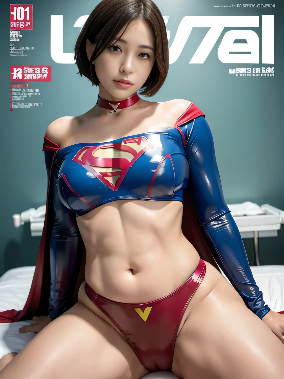 masterpiece、Rubber Supergirl Costume、Short Hair、Hospital operating table、Crisis situation、Big and ample breasts、looking at the camera、Shiny、Off the shoulder、choker、Long sleeve、exy poses to seduce、Sweaty skin、Model body type、Alluring、charm、Enchanting、Abused、test subject、victim、Wild、Photorealistic、latex、Expose your belly、athlete、High leg、Photo magazine cover、Cape、Seductive breasts、wallpaper for pc、