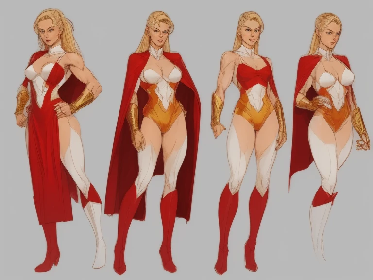 A muscular superheroine with beautiful detailed face, long blonde ponytail, white bodysuit, red cape, red boots, glowing skin, golden emblem on chest, rough sketches and marks, whole body view illustration, John Buscema art style, best quality, character design sheet, simple white background