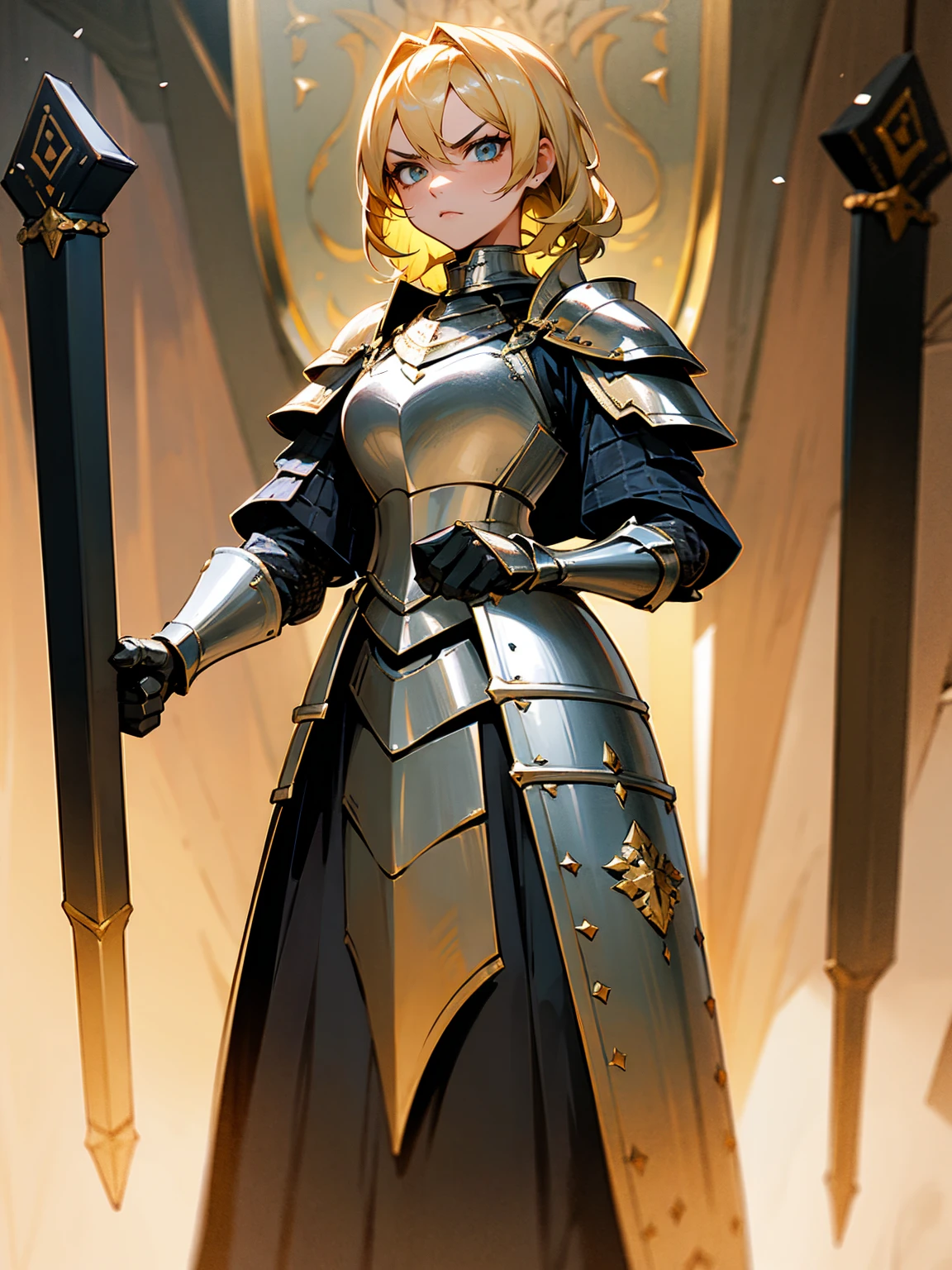 Middle-aged female, blonde hair, knight armor, holding a shield, fierce gaze, standing on path
