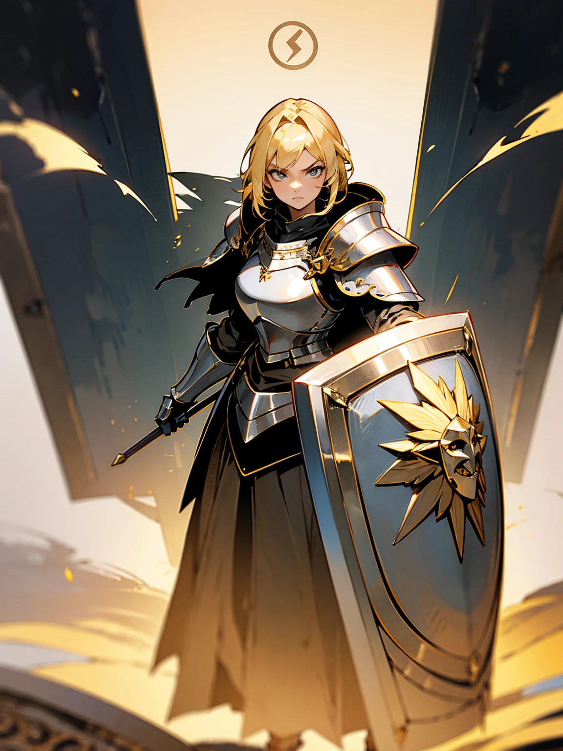 Middle-aged female, blonde hair, knight armor, holding a shield, fierce gaze, standing on path