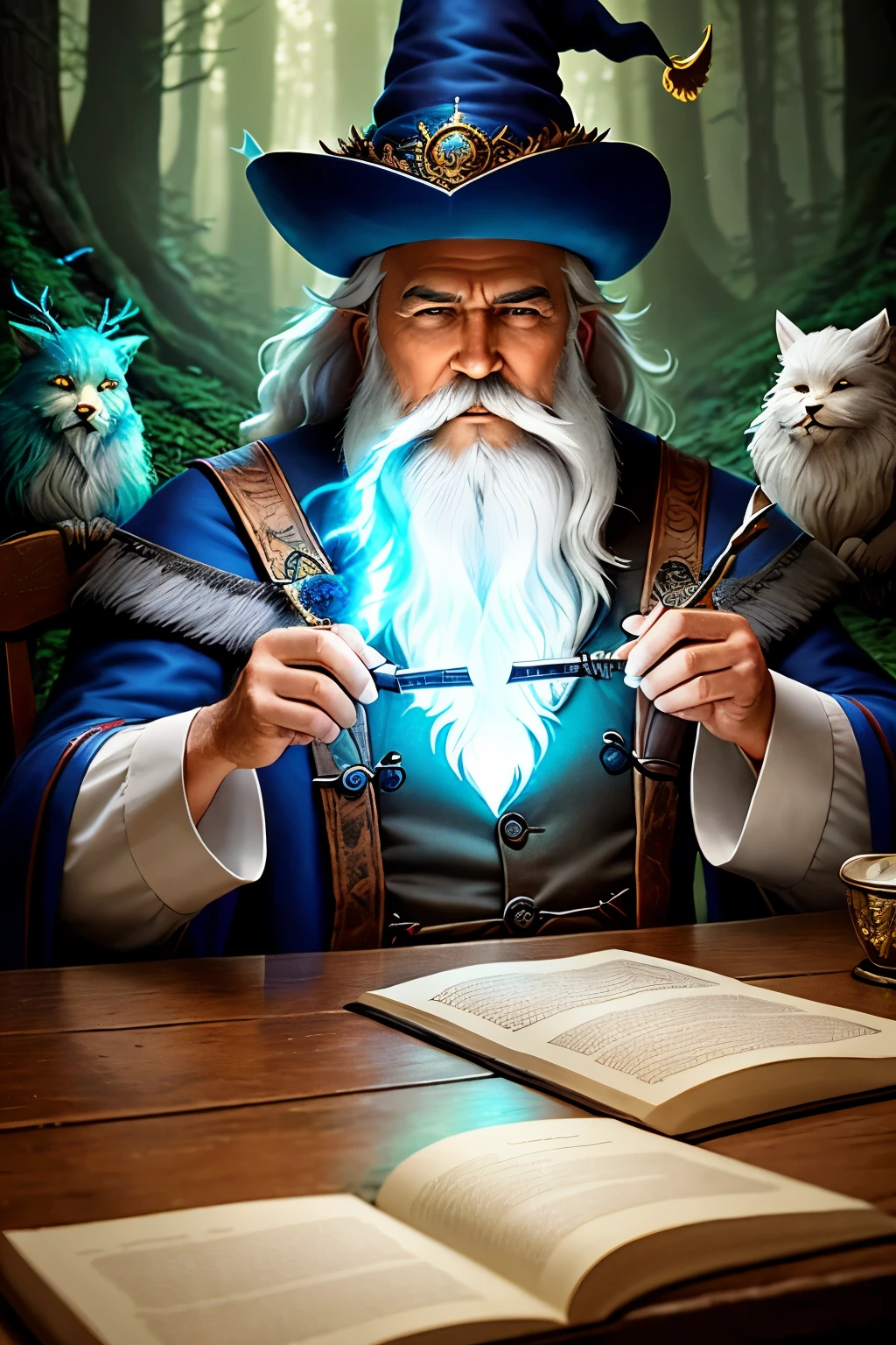 Create a photo of a barber wizard, set in an enchanted forest. The wizard, with a wispy white beard and a pointy hat, is seated in a makeshift barber's chair carved from an ancient tree. Surrounding him, various magical creatures gather, intrigued by the sight of the barber wizard at work. The forest's foliage is lush and detailed, with vibrant colors and intricate textures. The background is softly lit with a mystical glow, creating a dream-like atmosphere. The wizard's face is highly detailed, with a pair of twinkling eyes that seem to hold a hint of mischief. The barber