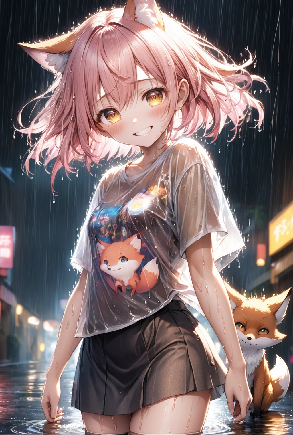 (Highest quality, 8k, 32K, masterpiece, Ultra-high resolution,:1.2),to be born, One Girl,So cute , Fantasy background like a night road, clear, Shining Eyes, Age 20 ,Fair skin, Girl with pink hair, A beautiful girl like a fox, Slanted Eyes, An innocent smile, Grin, mini skirt, Short Hair, Brown Skin, Sunburned, T-Shirts, Soaking wet, rain, 豪rain, See-through shirt, Wet