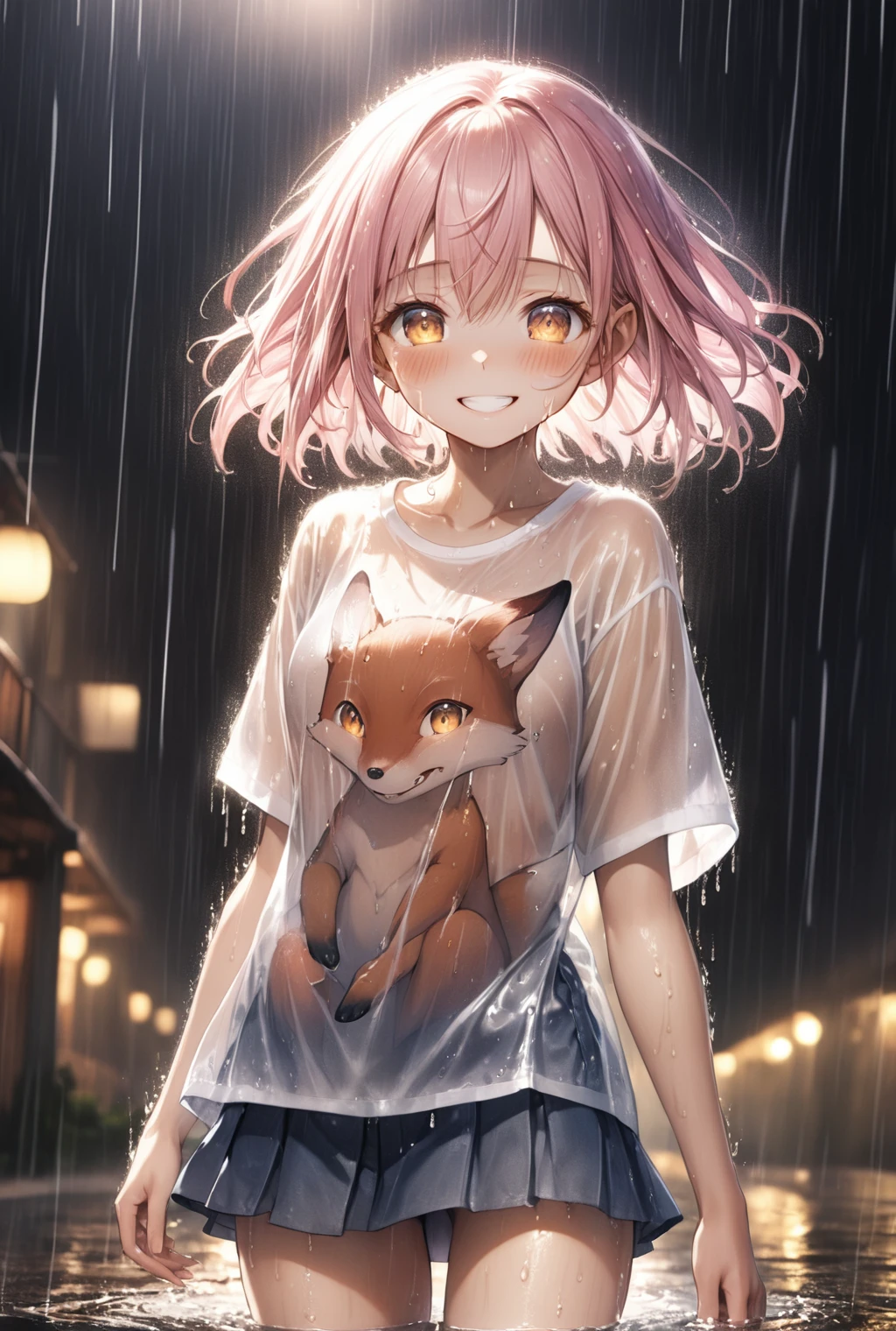 (Highest quality, 8k, 32K, masterpiece, Ultra-high resolution,:1.2),to be born, One Girl,So cute , Fantasy background like a night road, clear, Shining Eyes, Age 20 ,Fair skin, Girl with pink hair, A beautiful girl like a fox, Slanted Eyes, An innocent smile, Grin, mini skirt, Short Hair, Brown Skin, Sunburned, T-Shirts, Soaking wet, rain, 豪rain, See-through shirt, Wet