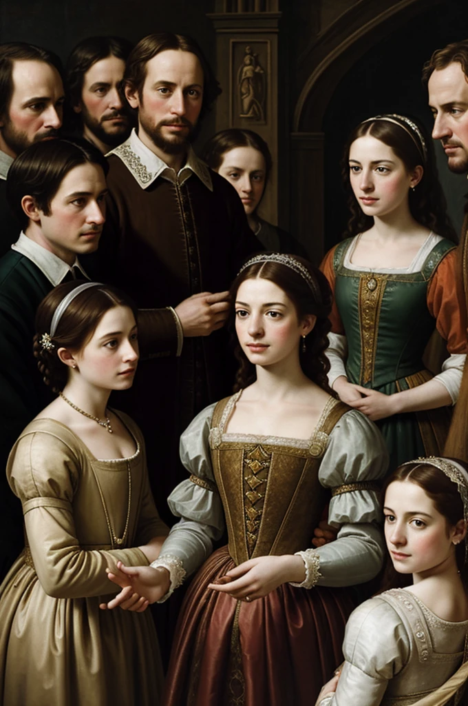 A Renaissance painting of an unusual wedding: a young shakespeare, visibly nervous, take the hand of a mature and serene Anne Hathaway. At the bottom, a group of villagers look on in surprise.